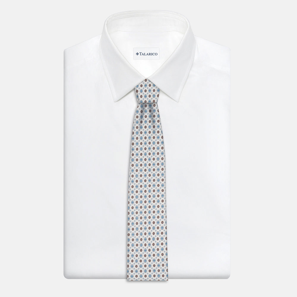 Cravatta Collezione 1999 in Seta Twill Fantasia Floreale, Bianco Celeste JD023