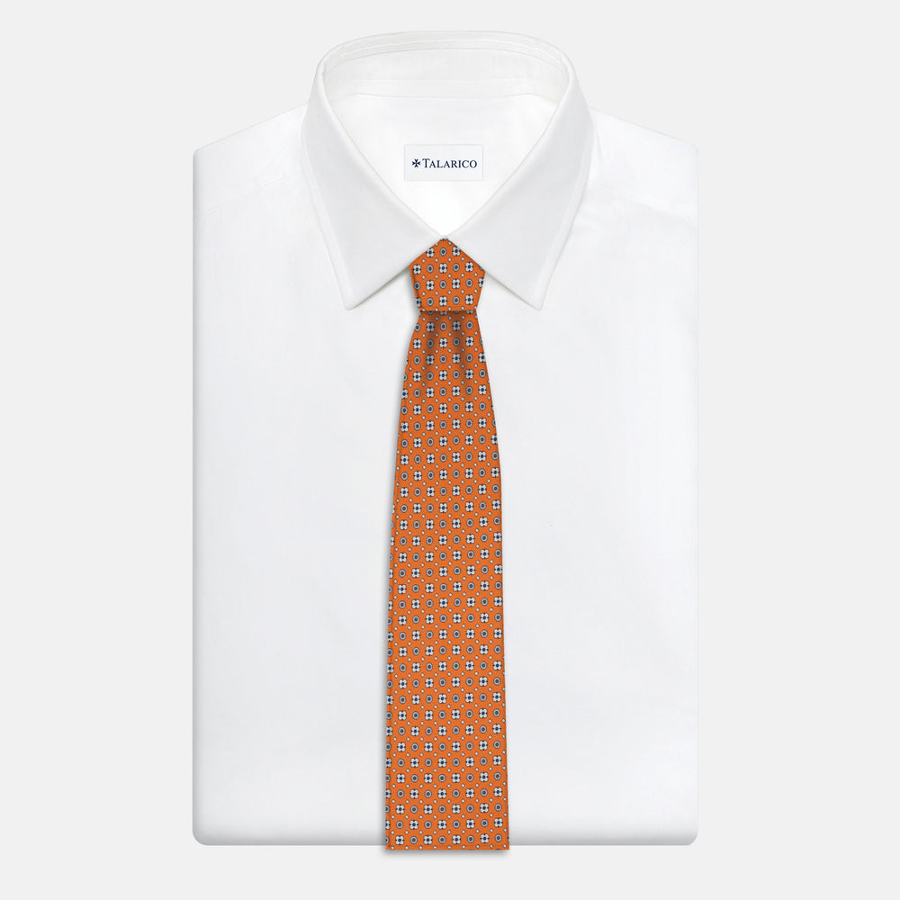 Cravatta Collezione 1999 in Seta Twill Fantasia Floreale, Arancione Bianco