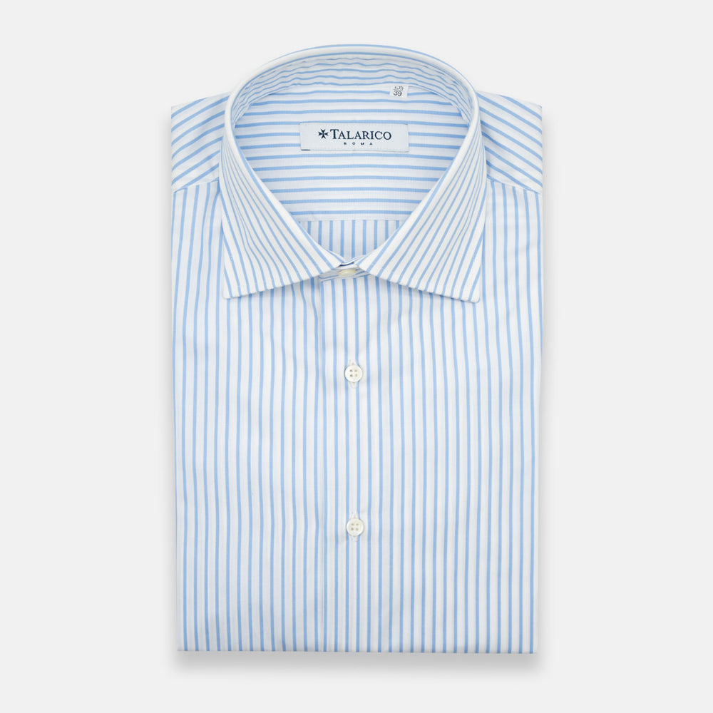 Camicia  Talarico in Cotone Bianco-Celeste a Righe Sottili (TE101909)
