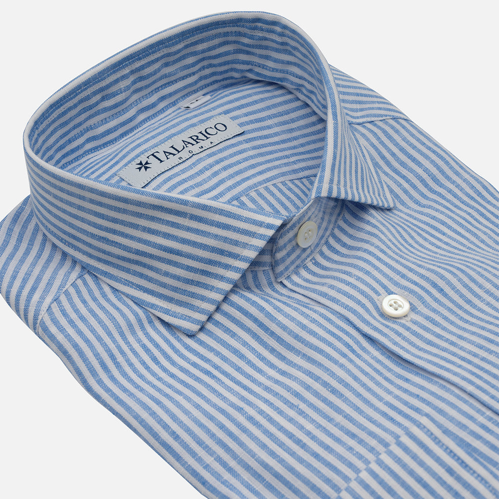 Camicia in Lino Bianco-Celeste  Riga Sottile con Collo alla Francese