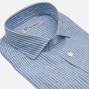 Camicia in Lino Bianco-Celeste  Riga Sottile con Collo alla Francese