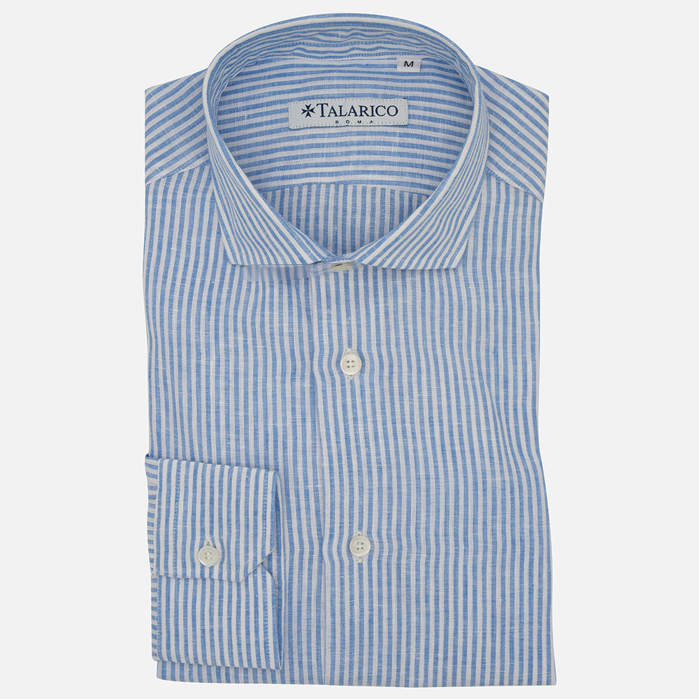 Camicia in Lino Bianco-Celeste  Riga Sottile con Collo alla Francese