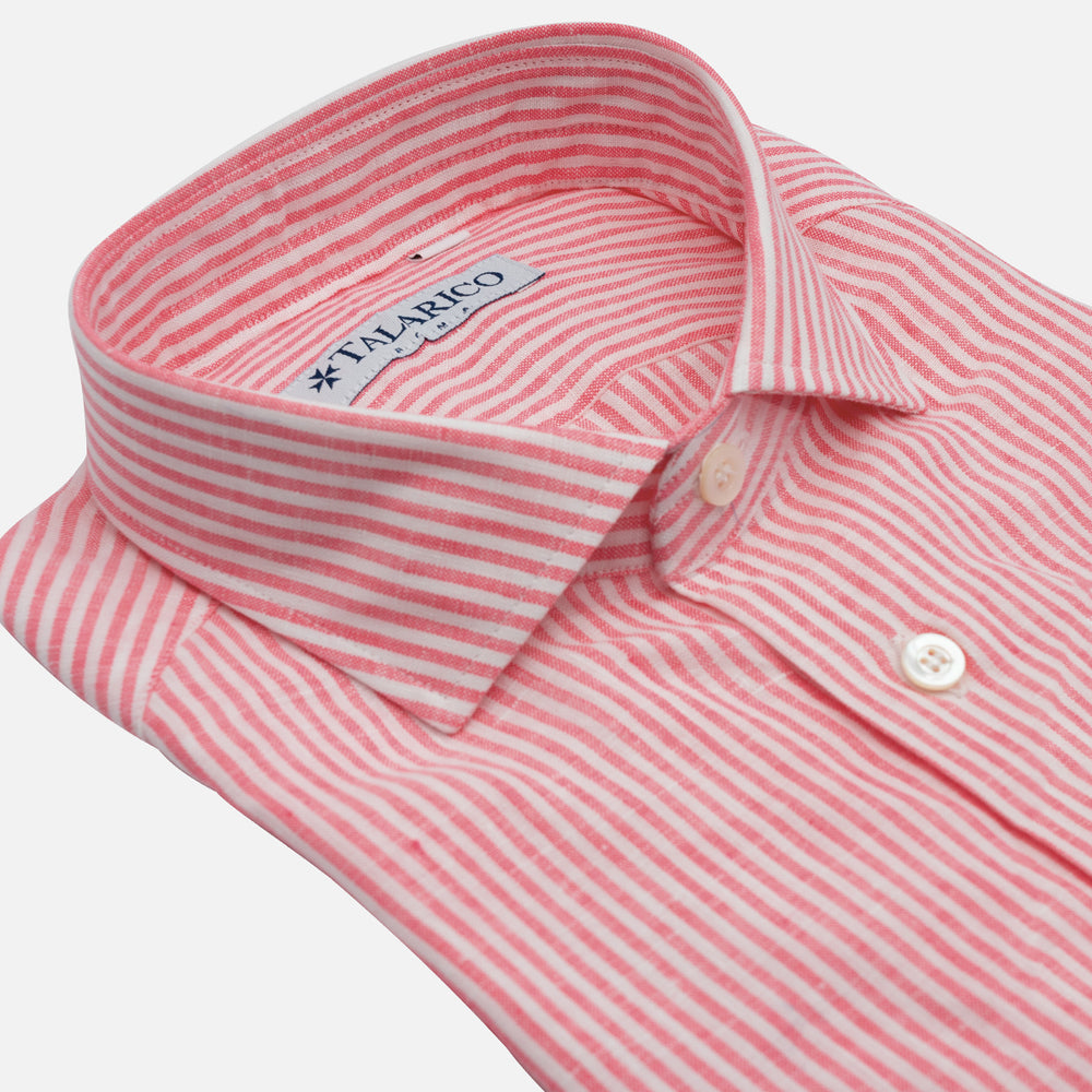 Camicia In Lino Collo alla Francese Riga Sottile Bianco Rosa