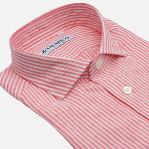 Camicia In Lino Collo alla Francese Riga Sottile Bianco Rosa
