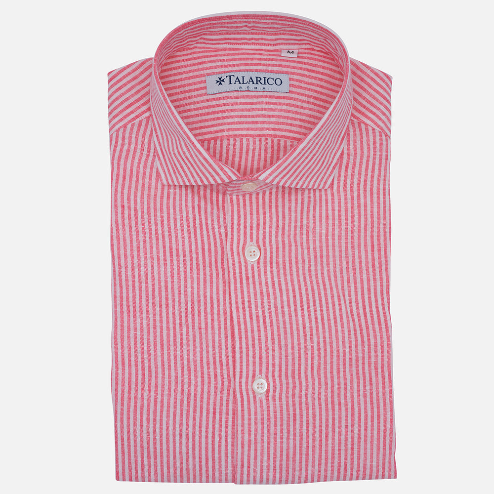 Camicia In Lino Collo alla Francese Riga Sottile Bianco Rosa