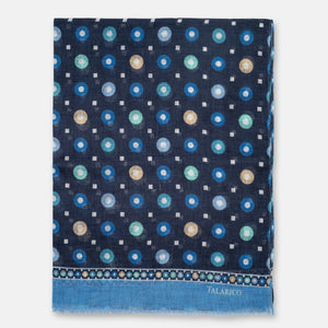 Capalbio Shawl Scarf in Pure Blue Linen with Colored Circles | Made in Italy