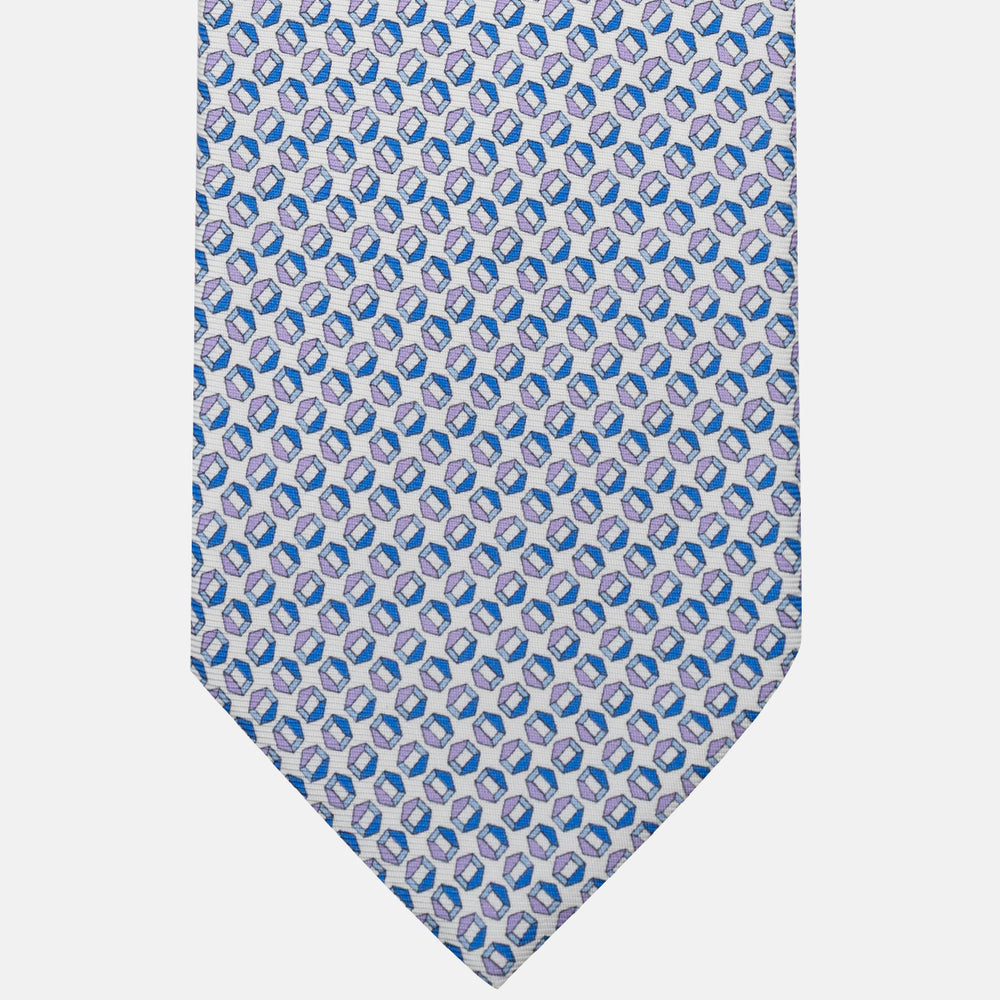Cravatta 3 pieghe in Seta Fantasia Geometrica, Bianco Azzurro - MO9983