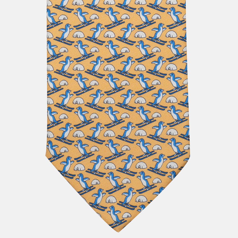 3-Fold Silk Tie with Penguin Pattern, Yellow - DSC_4843
