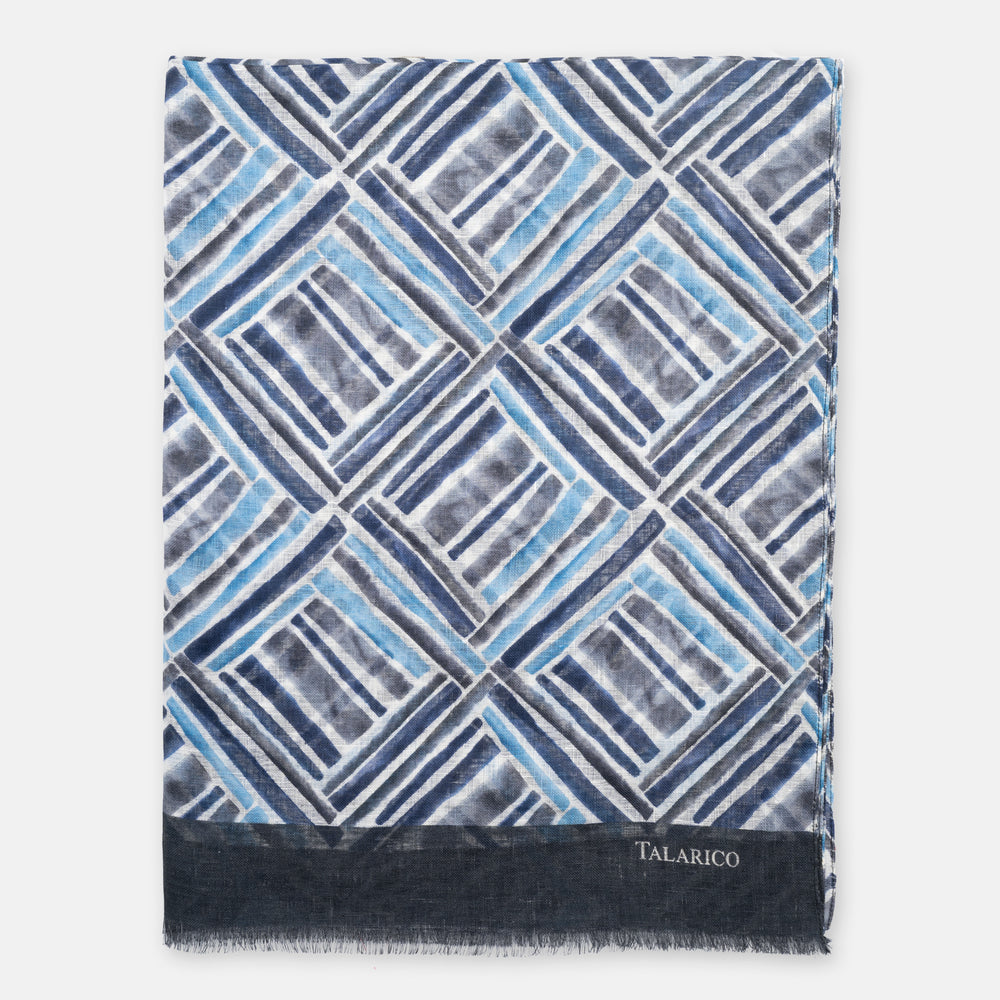 Sciarpa Coprispalle Forte Dei Marmi in Puro Lino Blu con Motivo Geometrico | Made in Italy