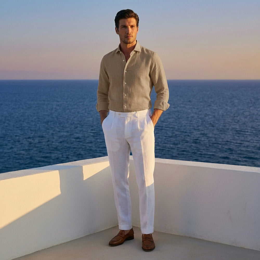 Camicia In Lino Collo alla Francese Sabbia