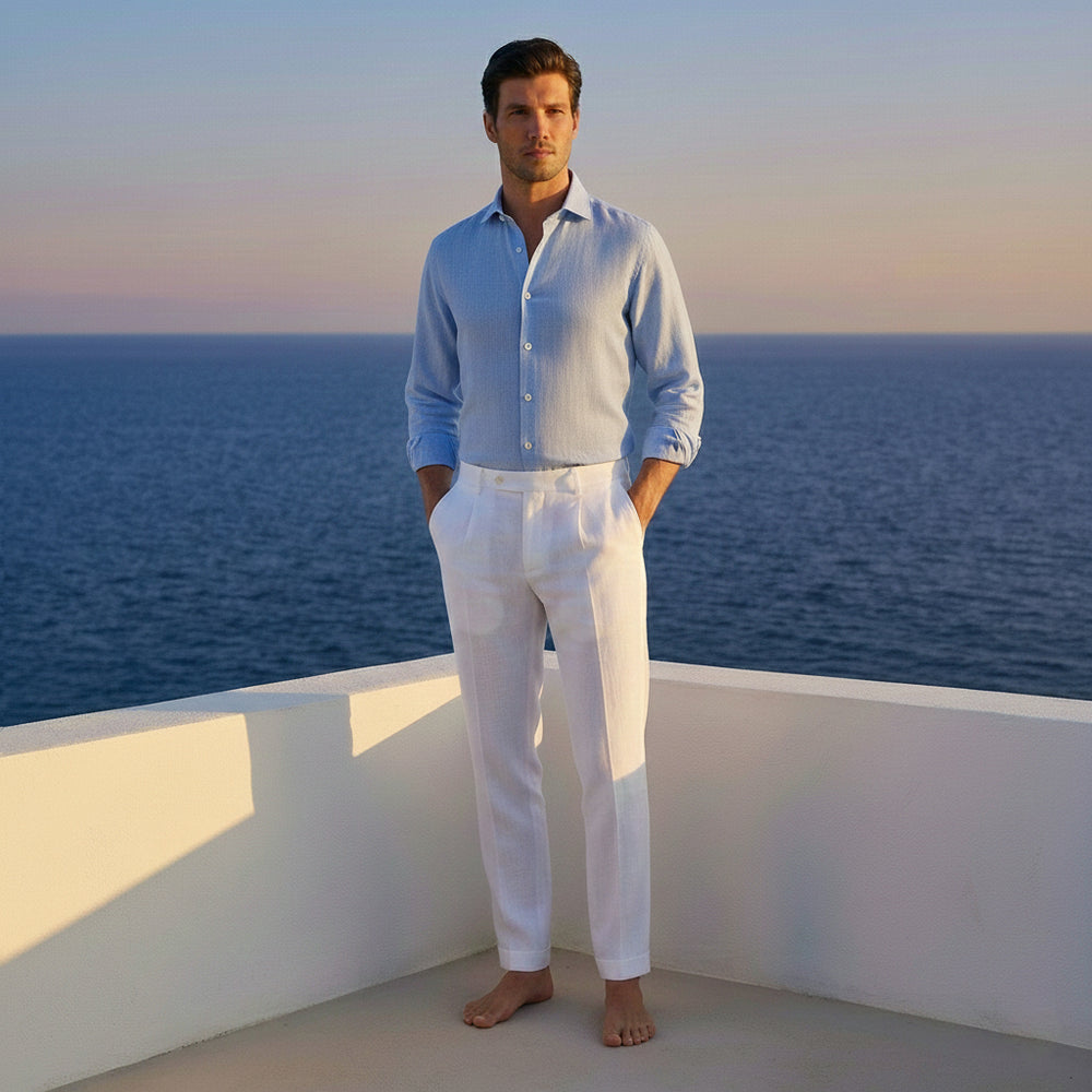 Camicia In Lino Collo alla Francese Celeste