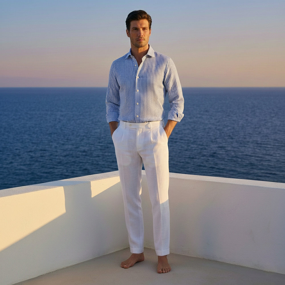 Camicia in Lino Bianco-Celeste  Riga Sottile con Collo alla Francese