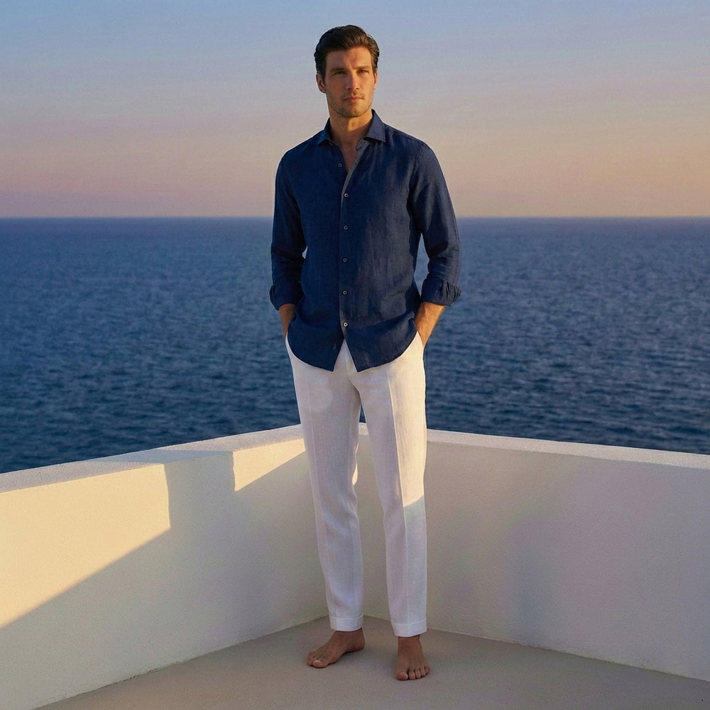 Camicia In Lino Collo alla Francese Blu  Jeans