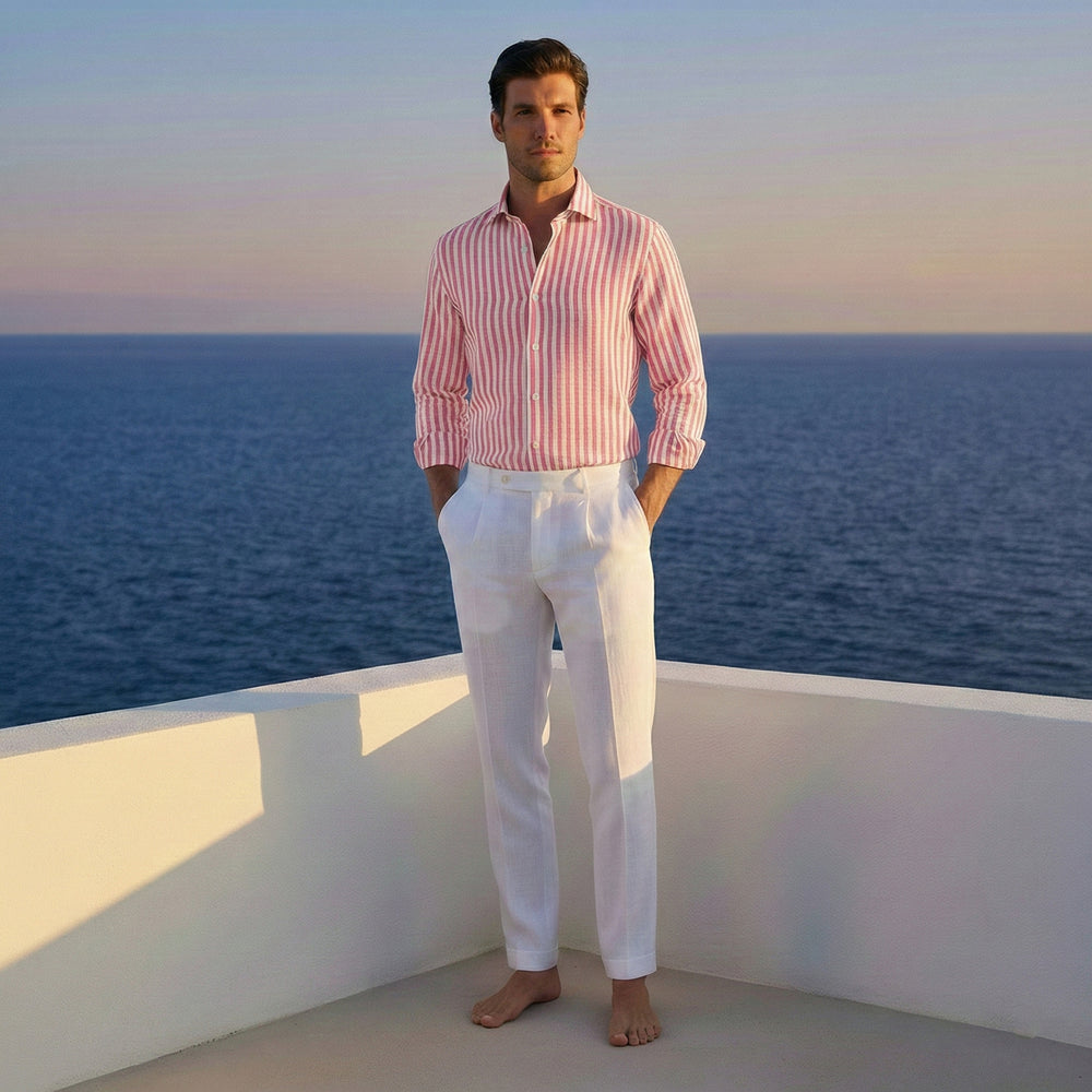 Camicia In Lino Collo alla Francese Riga Sottile Bianco Rosa