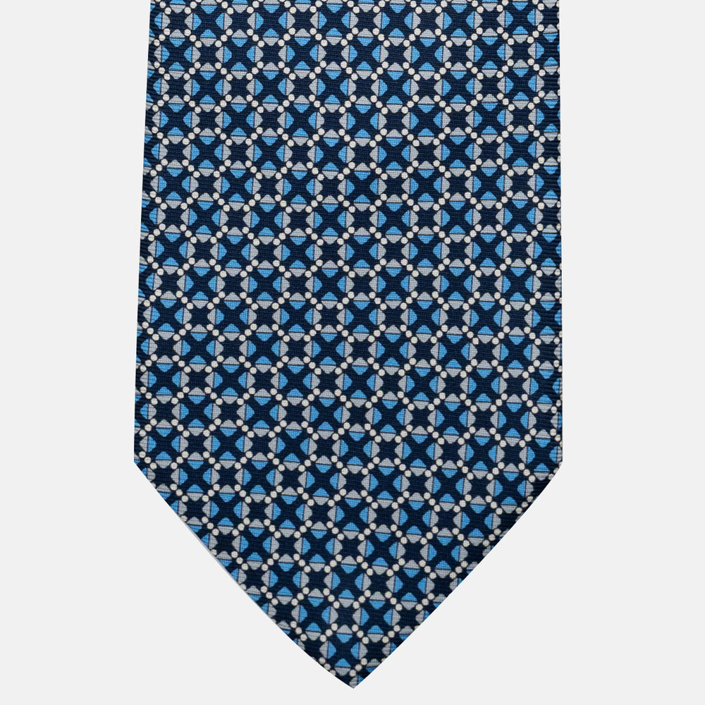 3-Fold Silk Tie, Geometric Pattern, Blue and Grey - JA055942-1
