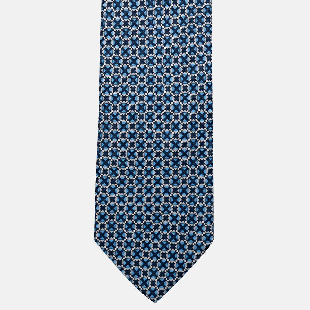 3-Fold Silk Tie, Geometric Pattern, Blue and Grey - JA055942-1
