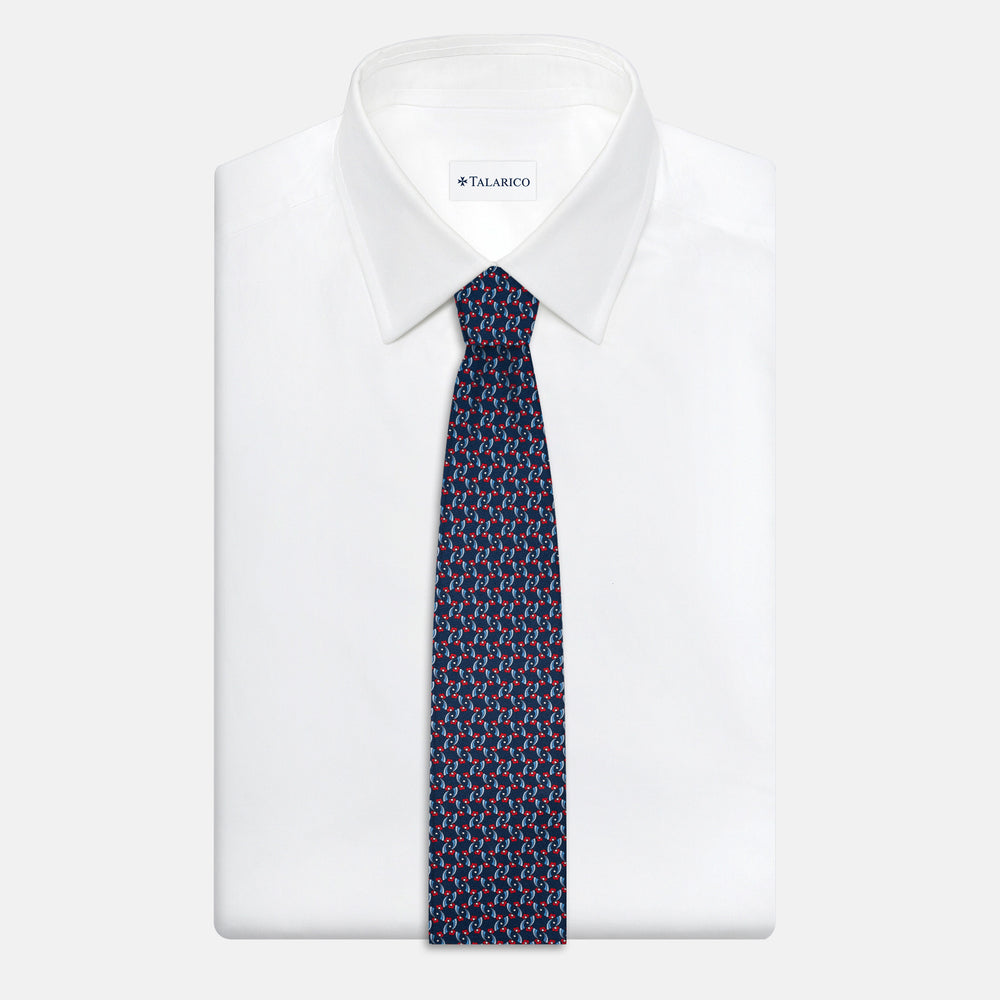 3-Fold Silk Tie, Floral Pattern, Blue and Red - JA056337-3