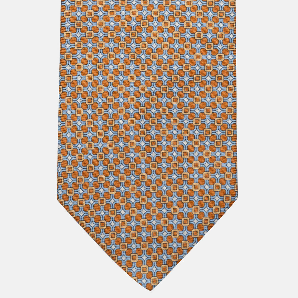 3-Fold Silk Tie, Geometric Pattern, Light Blue Ochre - JA057082-3