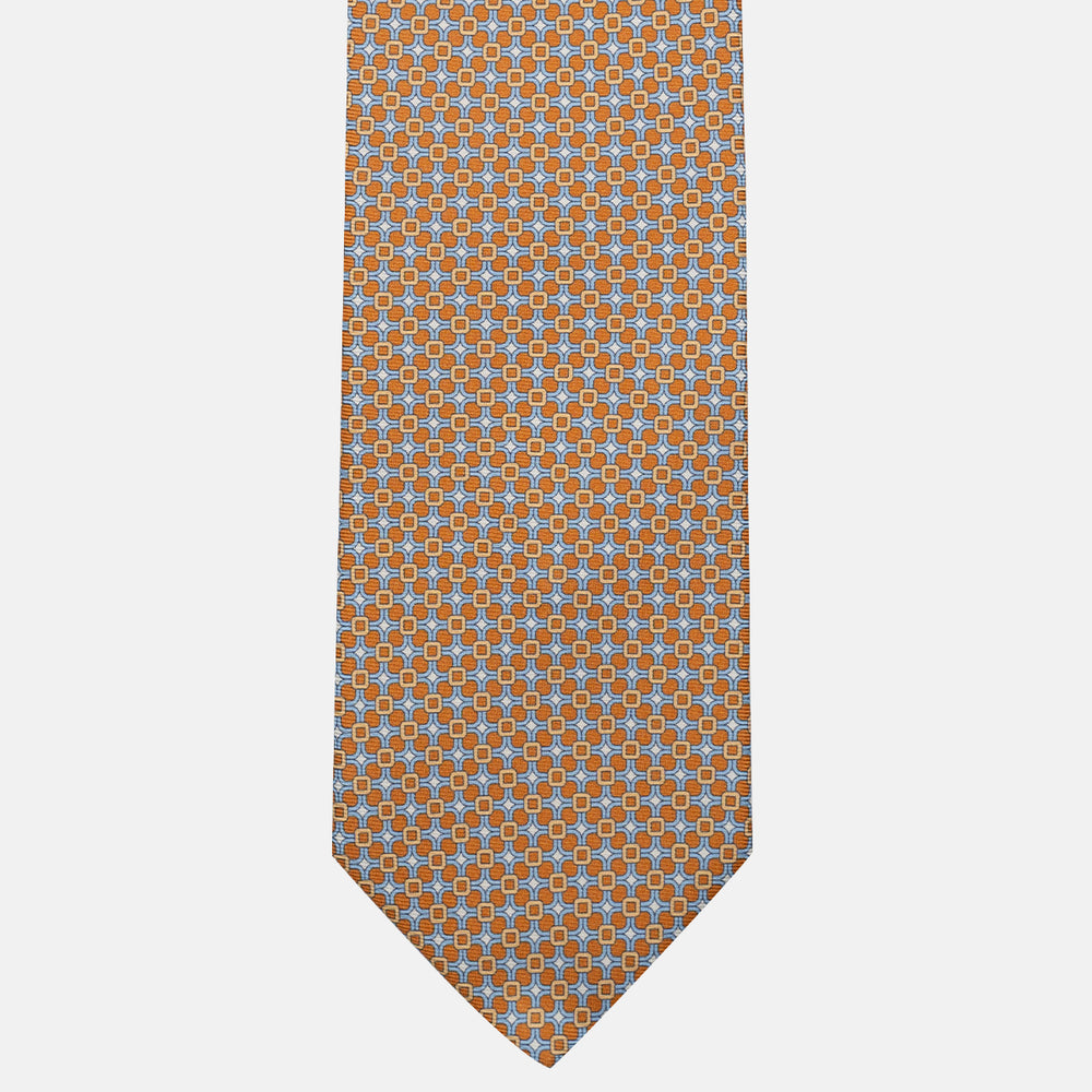 3-Fold Silk Tie, Geometric Pattern, Light Blue Ochre - JA057082-3
