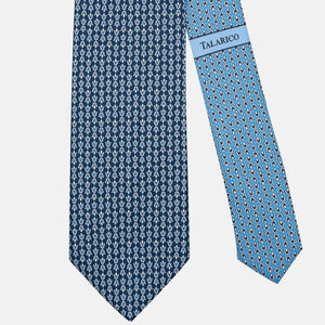 3-Fold Silk Tie with Floral Pattern, Navy & Light Blue - JA300-2