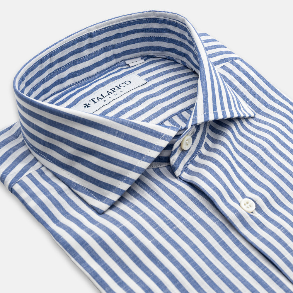 Camicia In Lino Collo alla Francese Bianco Blu Riga media
