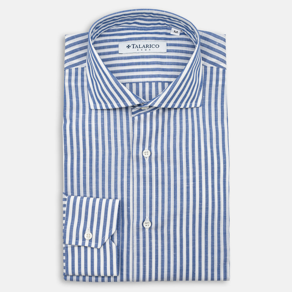 Camicia In Lino Collo alla Francese Bianco Blu Riga media