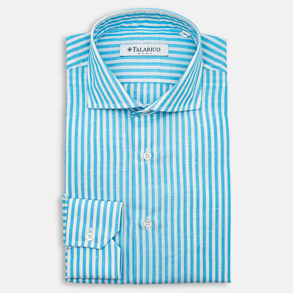 Camicia In Lino Collo alla Francese Riga Media Bianco Piscina