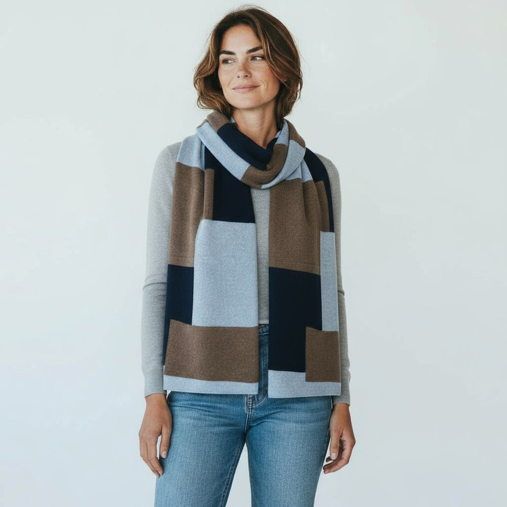 Sciarpa Unisex in 100% Lana | Modello Mondrian Cielo Legno Notturno - 102M