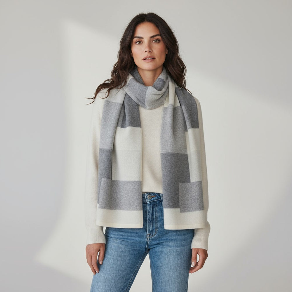 Sciarpa Unisex in 100% Lana | Modello Mondrian Panna Grigio - 102M