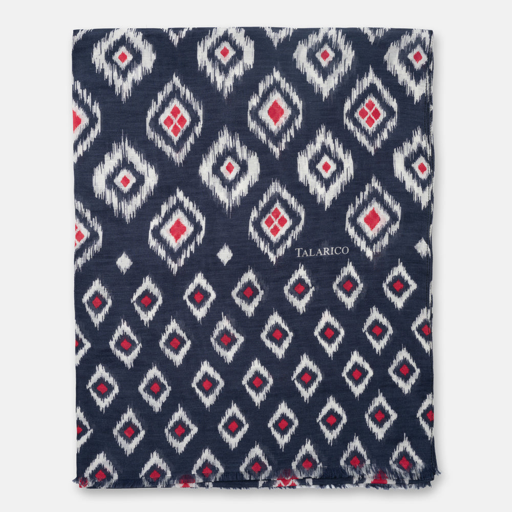 Sciarpa Coprispalle Soverato in Lino e Seta Blu e Rosso con Motivo a Rombi | Made in Italy