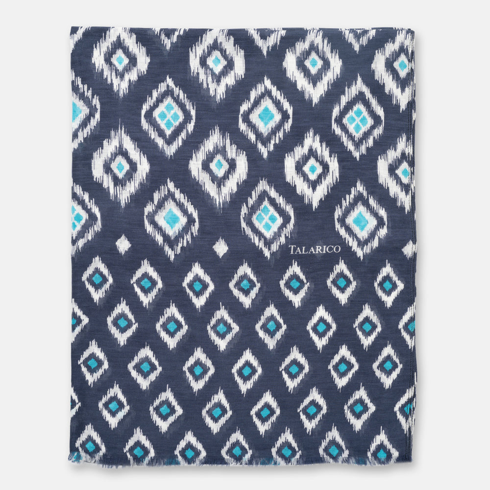Sciarpa Coprispalle Soverato in Lino e Seta Blu e Celeste con Motivo a Rombi | Made in Italy