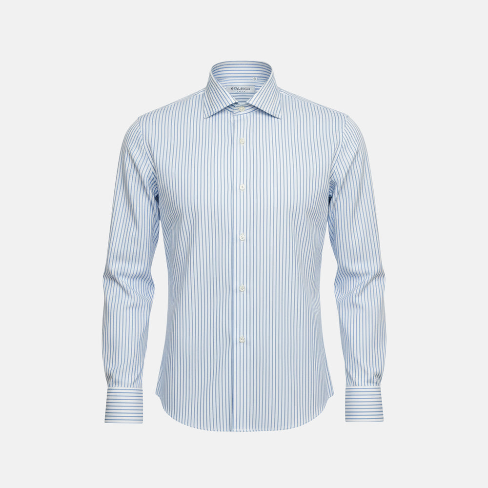 Camicia  Talarico in Cotone Bianco-Celeste a Righe Sottili (TE101909)