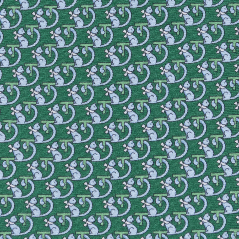 Cravatta 3 pieghe in Seta Fantasia Gattini, Verde - M49155