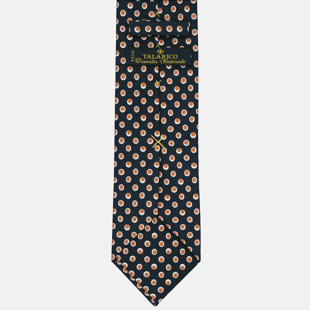 Cravatta 3 Pieghe in Irish Linen Fantasia Pois Blu-Marrone