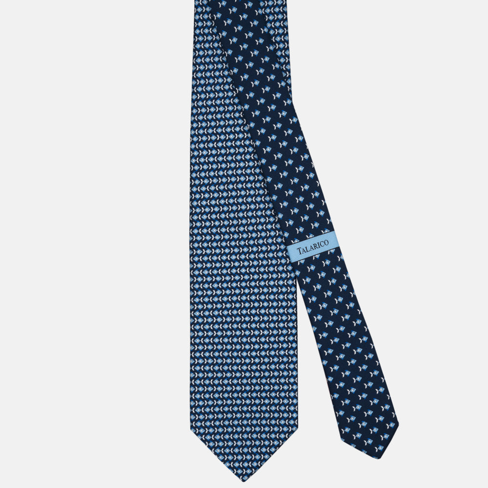 Cravatta 3 pieghe in Seta Fantasia Pesci Blu